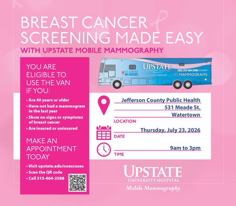 pink flyer listing mobile mammo clinic details.